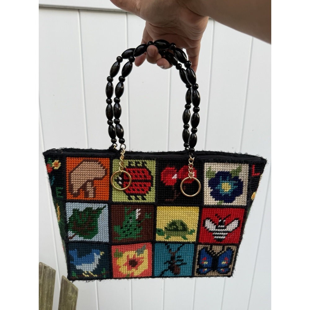 Vintage 70s Needlepoint Ecology Tote Bag Purse | Bob Miller | Columbia Minerva